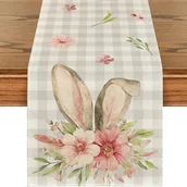 Obrusy i serwetki - Bieżnik w kratkę z kwiatowym wzorem uszu zająca wielkanocnego, wiosenno-letnia dekoracja świąteczna, 13 x 72 cale - miniaturka - grafika 1