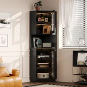 Szafki łazienkowe - Narożna szafka łazienkowa z 2 drzwiami i 1 wnęką - 45 x 45 x 166,5 cm - Diody LED - MDF - Regulowane półki - Czarna - miniaturka - grafika 1