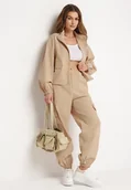 Spodnie sportowe damskie - Beżowy Komplet Dresowy Rozpinana Bluza ze Ściągaczem i Spodnie Bojówki z Elastyczną Gumką w Pasie Ellsera - miniaturka - grafika 1