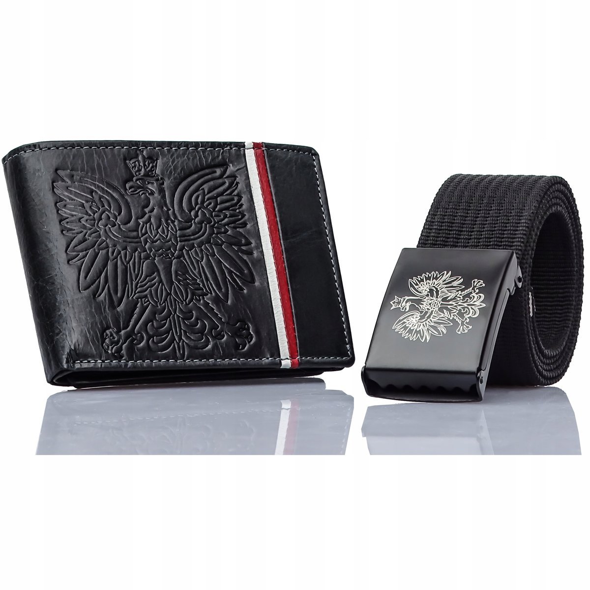 Czarny Portfel SKÓRZANY Patriotyczny Męski Pasek Parciany Klamra z Orłem