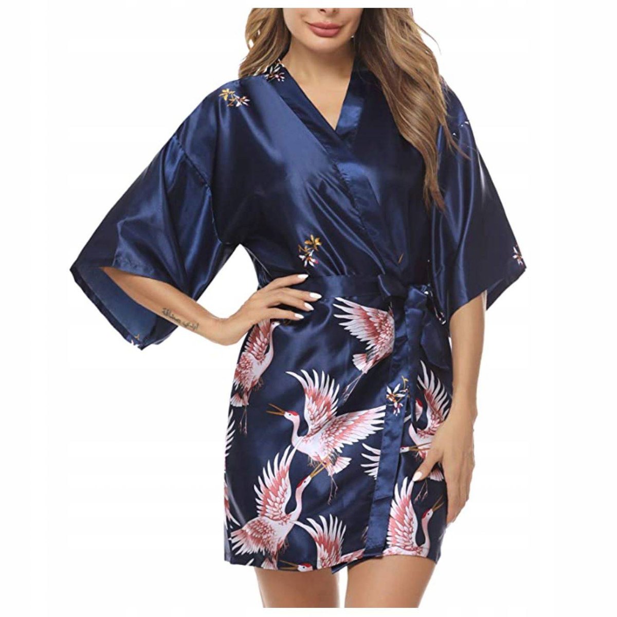 Szlafrok damski satynowy w żurawie - XL