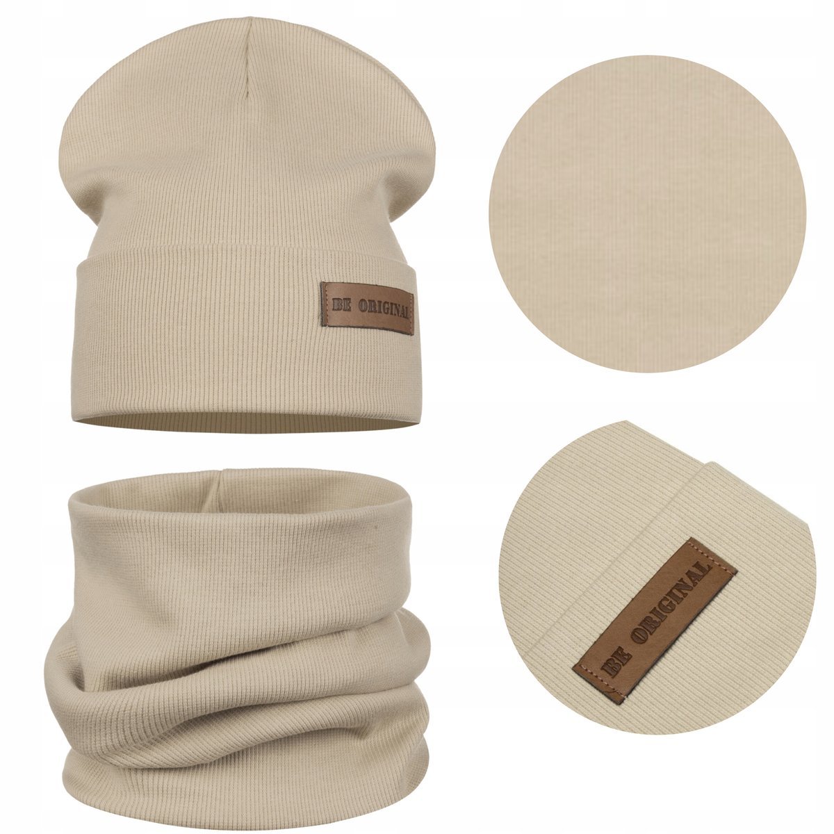 Wiosenny Dziecięcy Komplet Czapka Komin Bawełna Podwójny Materiał Beżowy