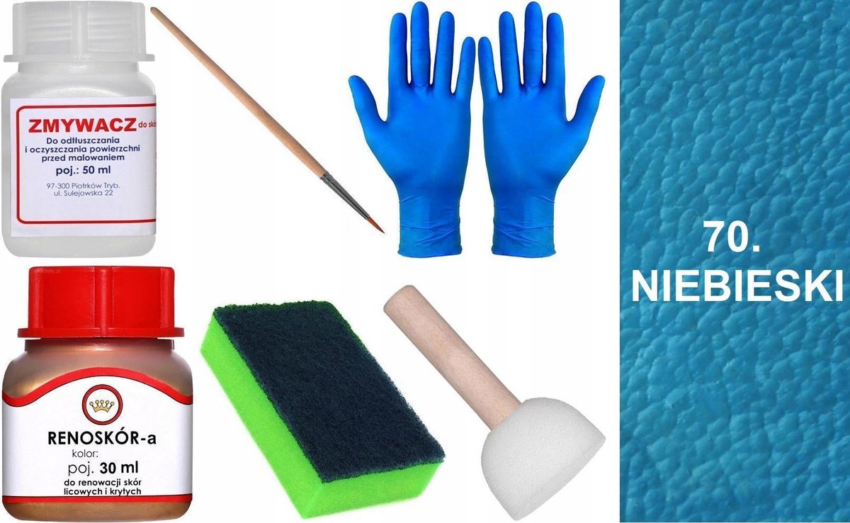 NIEBIESKI 70 Renoskór ZESTAW DO RENOWACJI SKÓRY LICOWEJ Farba Zmywacz GĄBKA