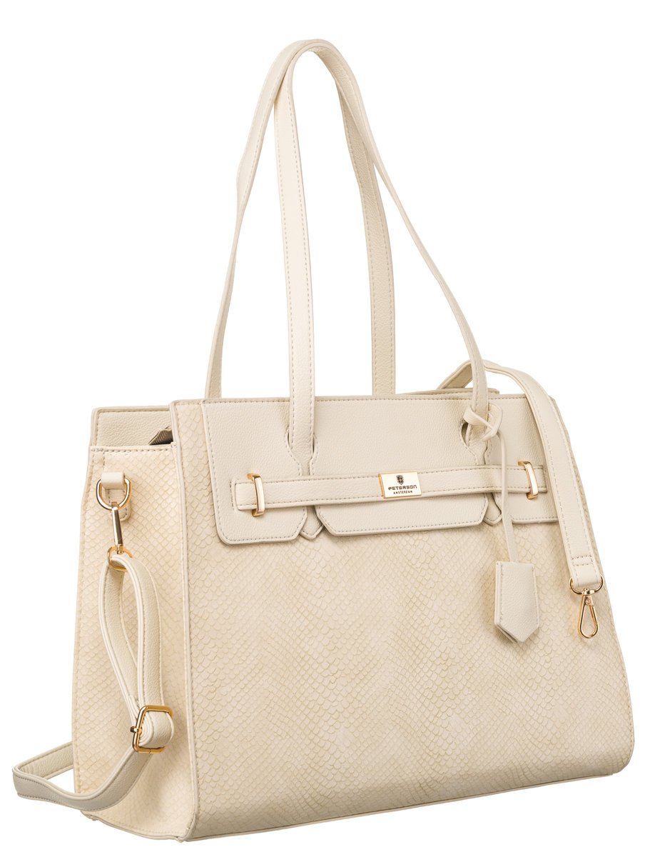 Duża modna torebka A4 torebka damska na ramię z długim regulowanym paskiem skóra ekologiczna Peterson beżowy