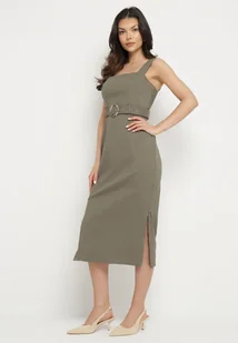 Ciemnozielona Dopasowana Sukienka z Wiskozą z Rozcięciami i Paskiem z Klamrą Mepelle - Sukienki - miniaturka - grafika 1