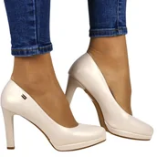 Czółenka - Czółenka Na Podsuwce Na Słupku Sergio Leone 1438 Beżowe Perłowe - miniaturka - grafika 1