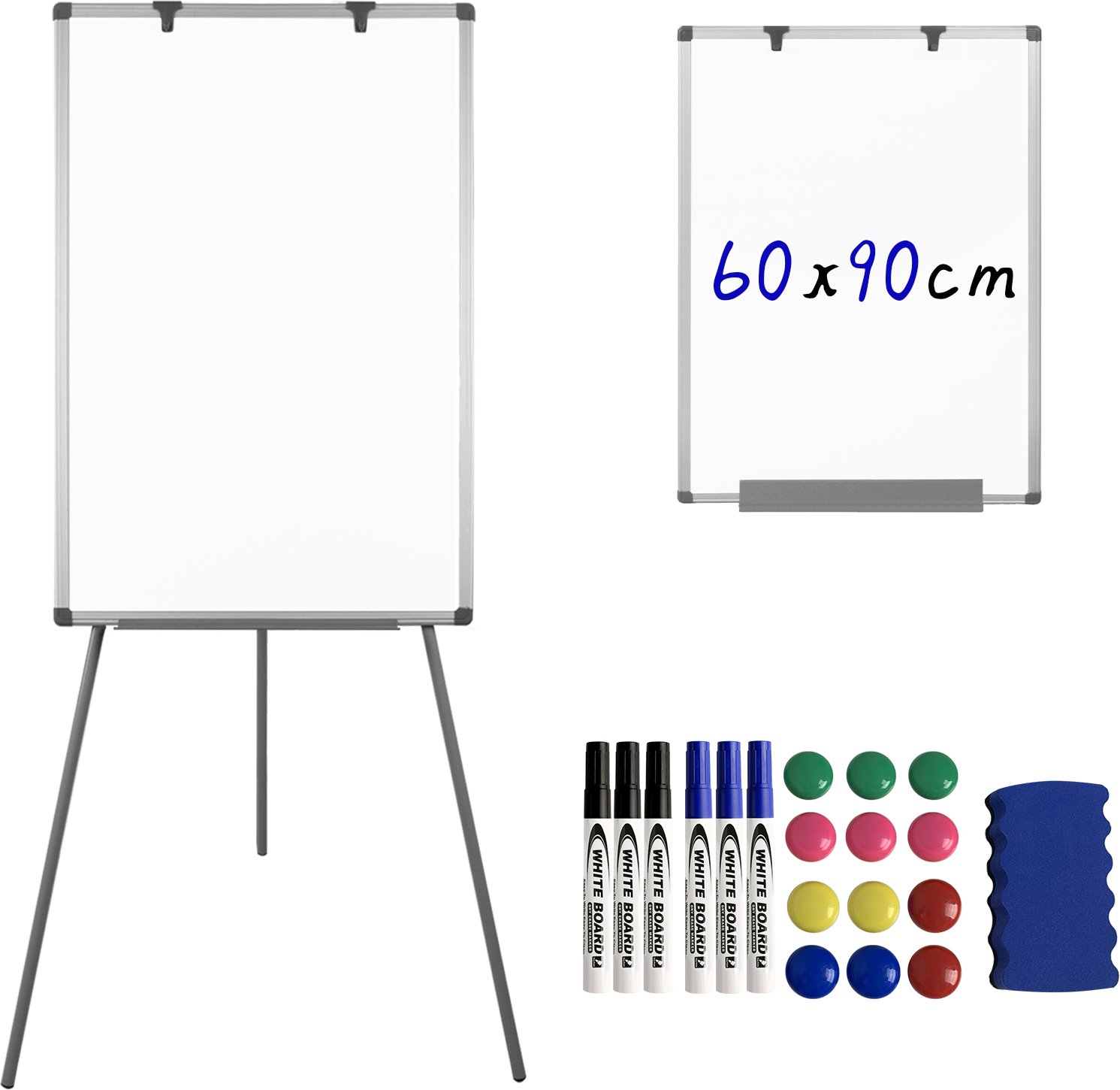 LARS360 Flipchart ze stojakiem 60 x 90 cm z regulacją wysokości 90-165 cm Sztaluga magnetyczna suchościeralna / taca na długopisy / z licznymi akcesoriami (typ B)
