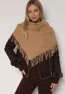 Apaszki i szaliki damskie - Brązowy Trójkątny Szalik z Wiskozy i Bawełny z Frędzlami Vetirala - miniaturka - grafika 1