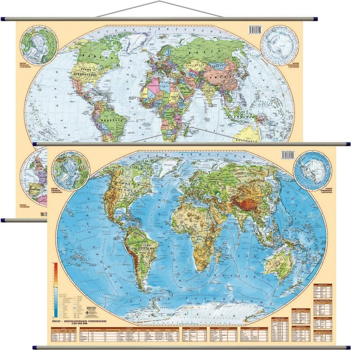 Świat mapa ścienna dwustronna fizyczno-polityczna 1:60 000 000