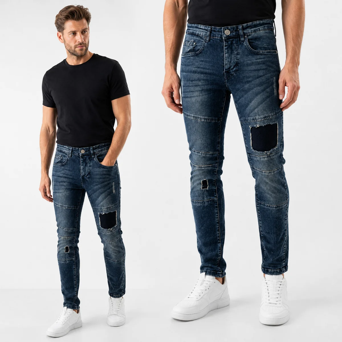 Jeansy Męskie Spodnie Jeansowe Z Przetarciami Skinny Fit Casual Granatowe 28L
