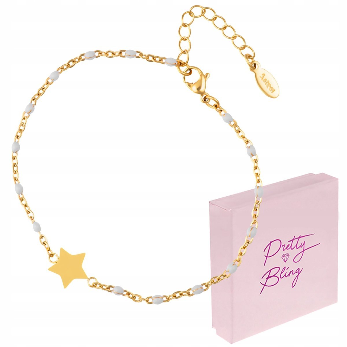 Bransoletka damska pozłacana KORALIKI białe gwiazdka regulowana STAL