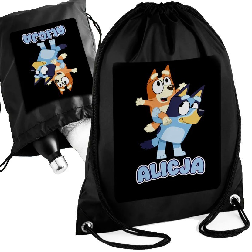 Personalizowany Czarny Worko-Plecak - BLUEY - Twoje Imię - Nadruk Prezent