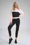 Bluzy damskie - dwukolorowa BLUZA z kapturem LAMPASY GUMKA czarno różowa XL - miniaturka - grafika 1