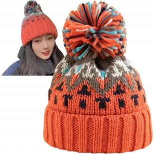 Czapka Zimowa Damska Z Pomponem Beanie Ocieplana Na Zimę Pomarańczowa - Czapki damskie - miniaturka - grafika 1
