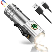 Latarki - Latarka akumulatorowa srebrna o mocy 1600 lumenów, ultramocna latarka LED z 5 trybami, miniaturowa latarka magnetyczna z klipsem, wodoodporna, oświetl - miniaturka - grafika 1