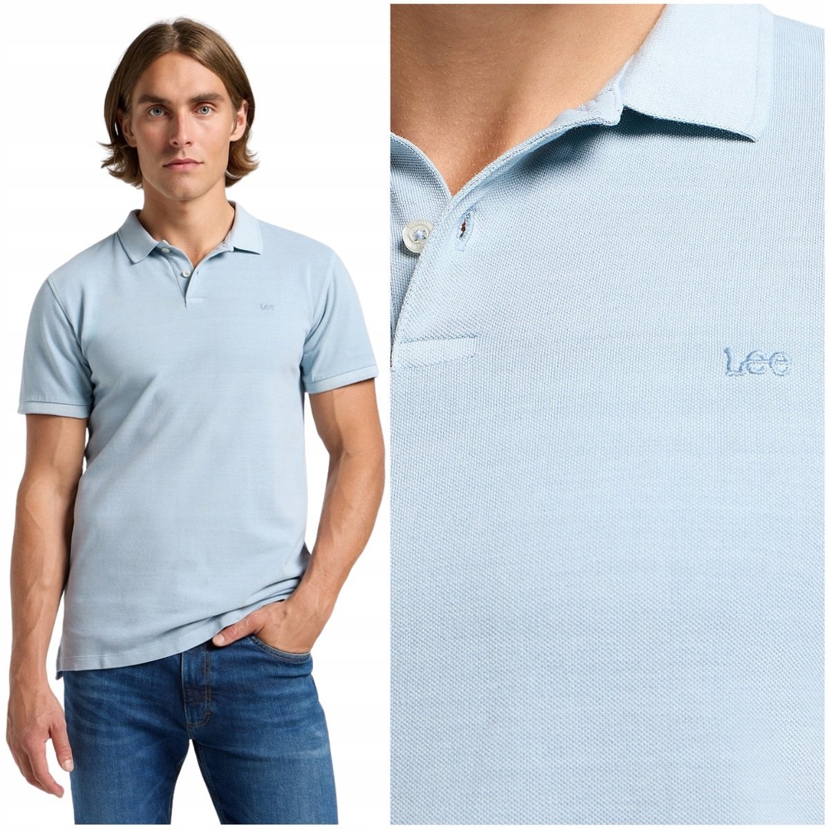 Lee GARMENT DYE POLO Concrete błękitna bawełniana polówka logo REGULAR M