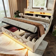 Łóżka - Łóżko podwójne 160x200 z zagłówkiem, schowkiem, portem USB/Type-C, oświetleniem LED 360° i hydraulicznym schowkiem w kolorze beżowego lnu - miniaturka - grafika 1