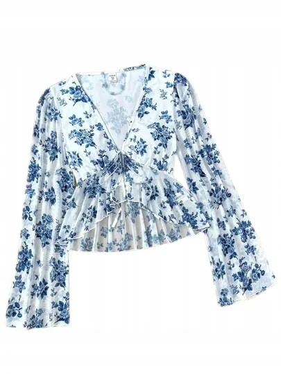 SHEIN BIAŁA BLUZKA W NIEBIESKIE KWIATY Z DŁUGIM RĘKAWEM 152-158 11JC