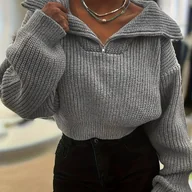 Swetry damskie - TEMU Sweter damski na jesień i zimę z półzamkiem - elegancki, prążkowany pulower z rękawami latarnianymi, dopasowany krój, rozciągliwy, łatwy w - miniaturka - grafika 1