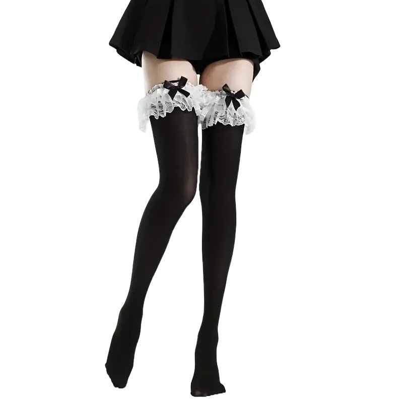 Skarpetki Pończochy z Koronką i Kokardą Czarne