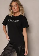 Koszulki i topy damskie - Czarny Bawełniany T-shirt z Napisem z Cekinami Marivinna - miniaturka - grafika 1