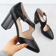 Czółenka - Skórzane czółenka na słupku półbuty z paskiem czarne Vinceza 91133 - miniaturka - grafika 1