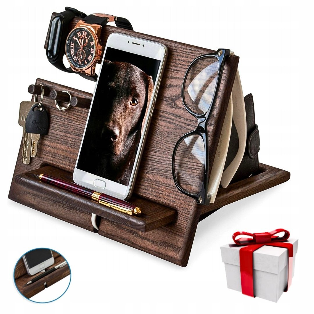 DREWNIANA STACJA DOKUJĄCA NA TELEFON, STOJAK NA PORTFEL I ZAGARKI ORGANIZER