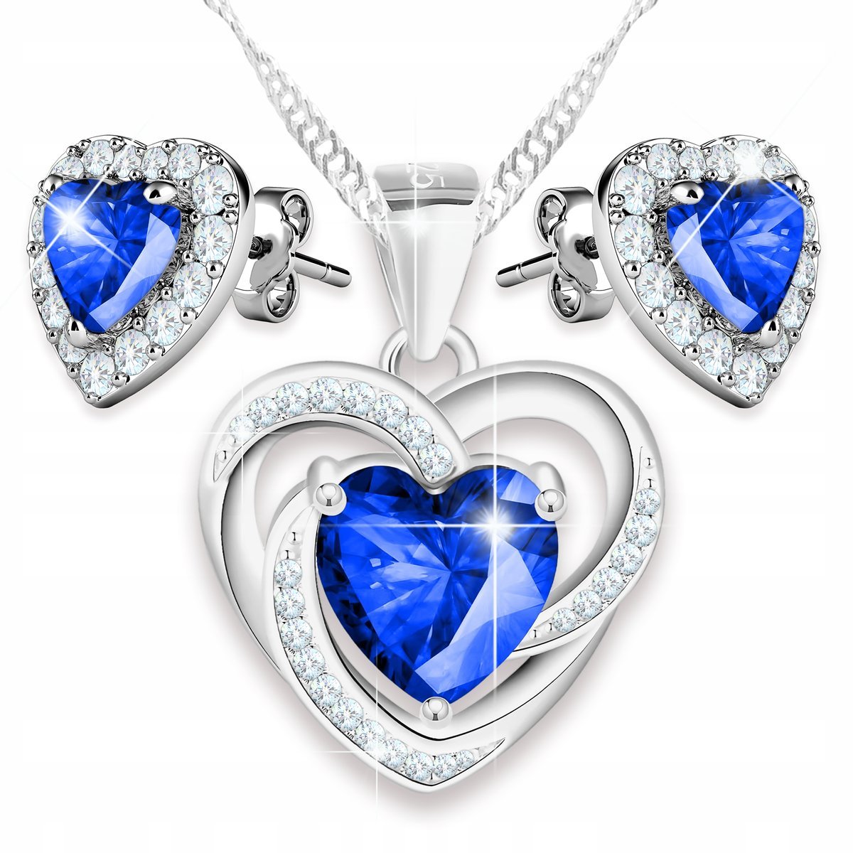 Zestaw Srebrny Naszyjnik i Kolczyki Niebieskie Serca Cyrkonie SREBRO 925
