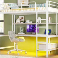 Łóżka dla dzieci i młodzieży - Łóżko piętrowe 90x200 cm - z barierkami - z drabinką - z USB i gniazdkami - z oświetleniem LED - z biurkiem + półki wielopoziomowe - białe - miniaturka - grafika 1