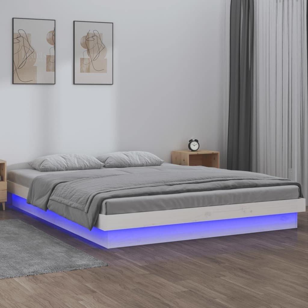 Łóżko z litego drewna z diodami LED białe 180x200 cm