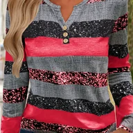 Bluzki damskie - TEMU Damski sweter casualowy z długim rękawem i dekoltem w kształcie litery V z kolorowymi paskami i fałszywymi guzikami - idealny na jesień i zimę, - miniaturka - grafika 1