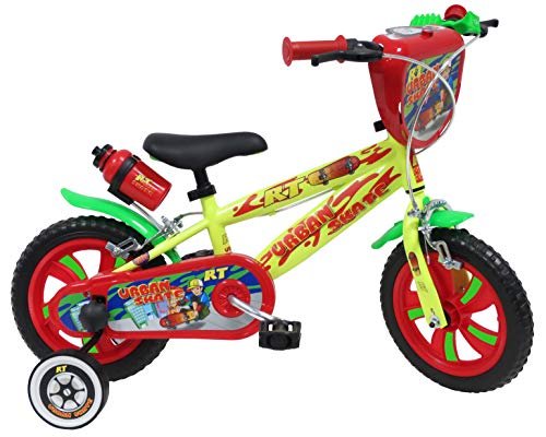 ATLAS Rower chłopięcy 12' Urban Skate wyposażony w 2 hamulce, dekoracyjna płyta przednia, tylny bagażnik, błotnik i stabilizatory, żółty
