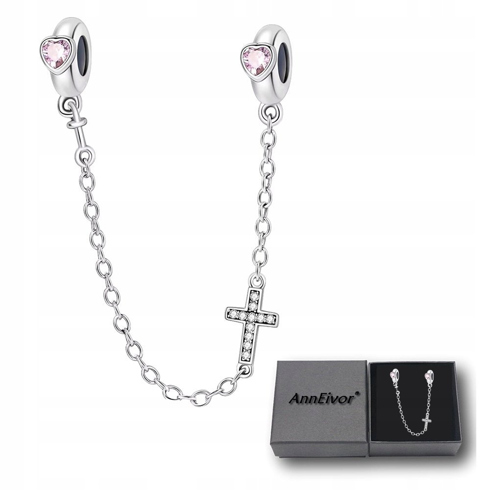 Łańcuszek Zabezpieczający Do Bransoletki Modułowej Krzyż Serce Srebrny S925