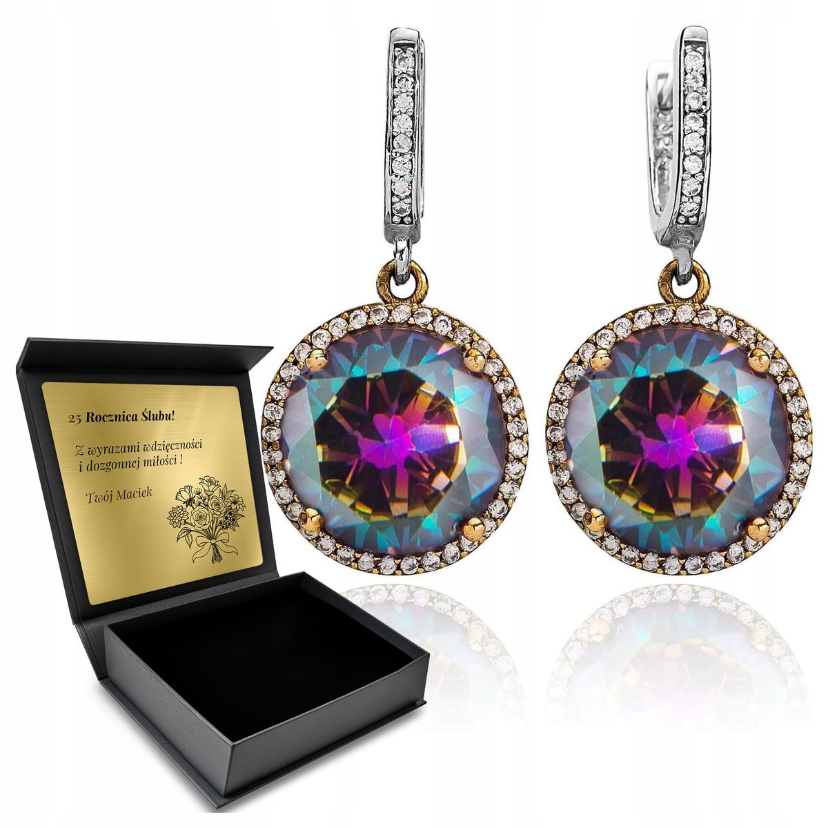 Kolczyki Srebrne 925 Z Cyrkoniami I Mistycznym Topazem Dla Kobiety + Grawer