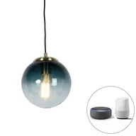 Lampy sufitowe - QAZQA Inteligentna lampa wisząca z mosiądzu i niebieskiego szkła oceanicznego 20 cm z Wi-Fi ST64 - Pallon - miniaturka - grafika 1