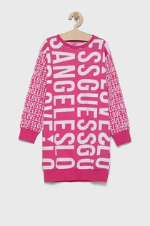 Sukienki - Guess Sukienka bawełniana dziecięca kolor różowy mini prosta - grafika 1