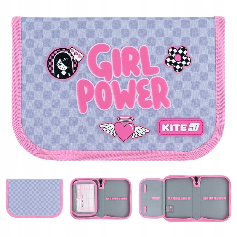 Piórnik rozkładany szkolny dla dziewczynek szary w kratkę Girl Power Kite