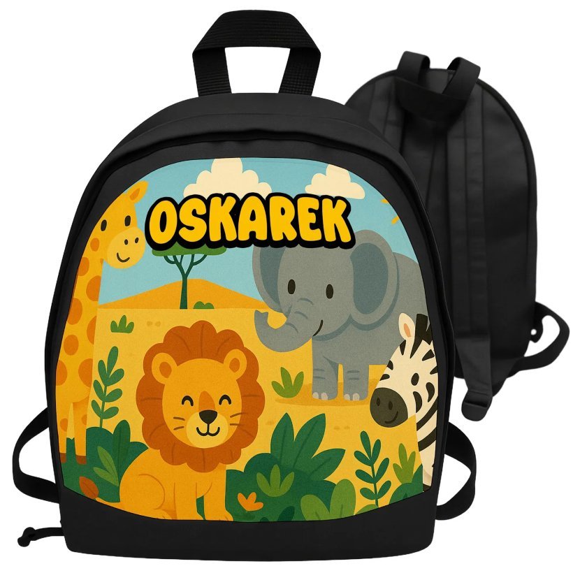 Plecak safari z imieniem dziecka lew słoń żyrafa zebra personalizowany