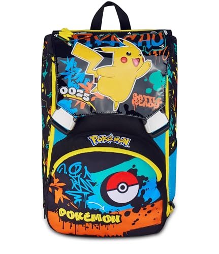 Seven Pokémon plecak z podwójną wysuwaną komorą, czarny, pojemność maxi, wstępnie uformowane oparcie, dla dzieci, do szkoły podstawowej, czarne, Taglia unica, Casual
