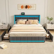 Łóżka - Łóżko tapicerowane Fortuna Lai 160x200cm z 4 szufladami, USB i typ C, łóżko młodzieżowe ze stelażem listwowym i Led, funkcjonalne łóżko dwuosobowe z lnu, szare - miniaturka - grafika 1