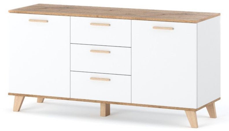 Komoda Biała Z Drewnem Olivier 150cm Pojemna Szafka Rtv Z 3 Szufladami