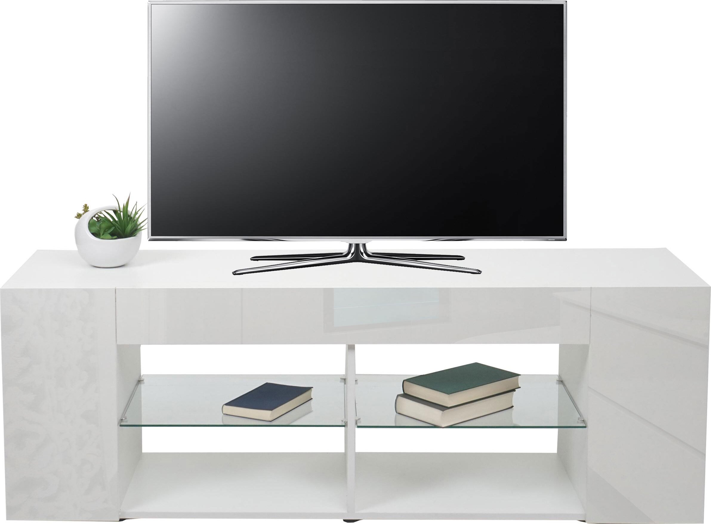 Regał TV HWC-L36, stojak TV stolik TV szafka RTV komoda z szufladami, drewno 50x144x40cm schowek, biały wysoki połysk