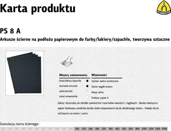 Klingspor PAPIER ŚCIERNY WODO.PS8A ARK.230*280 GR.50045027 OP.50SZT