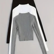 Swetry damskie - TEMU 3-częściowy zestaw, mały stój z kołnierzem, prążkowany, warstwa podstawowa, odzież wewnętrzna, rozciągliwy, jednokolorowy, vintage, uniwersalny - miniaturka - grafika 1