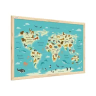 Tablice i flipcharty - Tablica magnetyczna obraz mapa świata dla dzieci zwierzątka 60x40cm w ramie drewnianej naturalnej - miniaturka - grafika 1