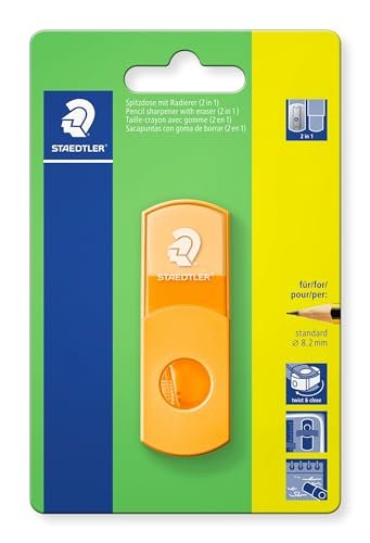 Staedtler 511SE-F4BK puszka z gumką, neonowa pomarańcza, bez ftalanów i lateksu, do długopisów w standardowym formacie, możliwość ponownego zamknięcia, temperówka 2 w 1 w blistrze