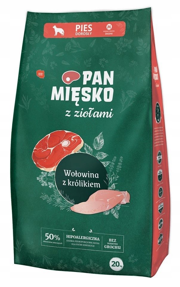 Pan Mięsko z Ziołami wołowina z królikiem M sucha karma dla psa waga 20 kg