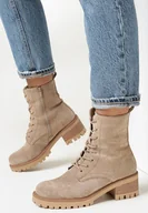 Botki damskie - Beżowe Botki ze Sznurowaniem Jitra - miniaturka - grafika 1