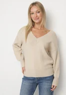Swetry damskie - Beżowy Sweter z Kaszmirem z Dekoltem w Serek Plenae - miniaturka - grafika 1