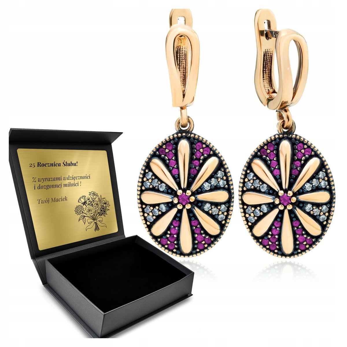 Kolczyki Srebrne 925 Cyrkonie Kwiat Biżuteria Dla Kobiety + Grawer